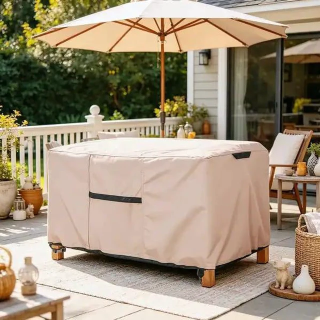 Alt view image 6 of 6 - Khaki Patio Coffee Table Cover, Waterproof UVResistant Oxford Cloth Protector for Outdoor Rectangular Terrace Coffee Table