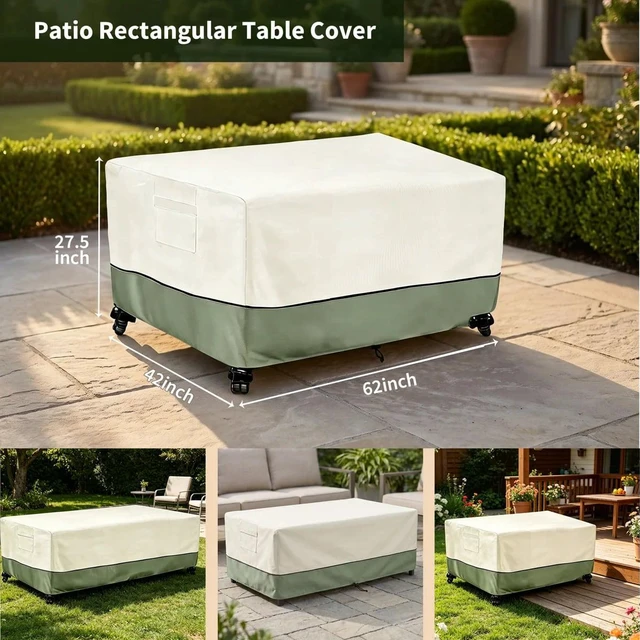 Alt view image 2 of 5 - Beige & Green Twoone Outdoor Rectangular Table Cover, Waterproof Oxford Fabric Patio Long Table Protector with Drawstring