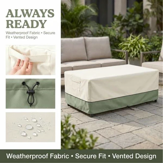 Alt view image 4 of 5 - Beige & Green Twoone Outdoor Rectangular Table Cover, Waterproof Oxford Fabric Patio Long Table Protector with Drawstring