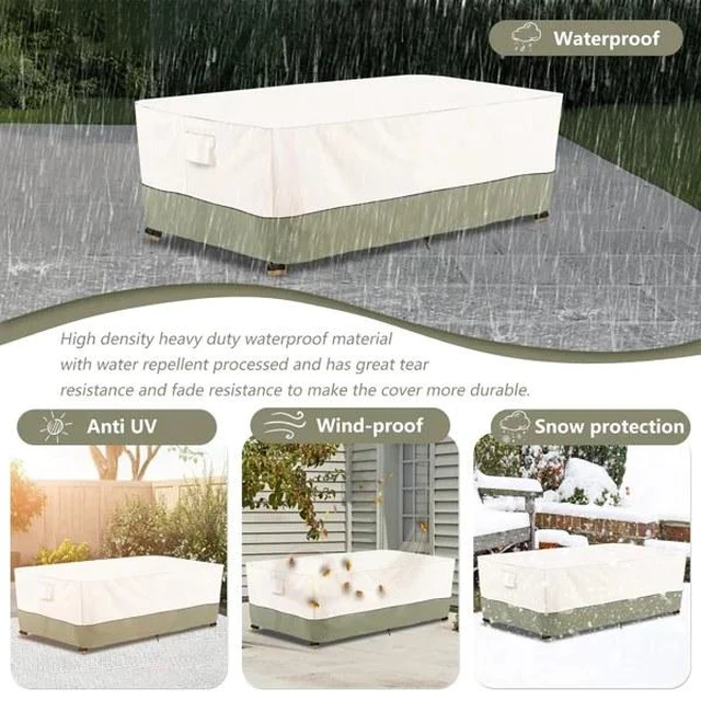 Alt view image 4 of 7 - Beige & Green Twoone Outdoor Rectangular Furniture Cover, Waterproof Oxford Fabric Patio Coffee Table Bench Protector with Drawstring
