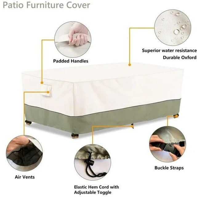 Alt view image 6 of 7 - Beige & Green Twoone Outdoor Rectangular Furniture Cover, Waterproof Oxford Fabric Patio Coffee Table Bench Protector with Drawstring