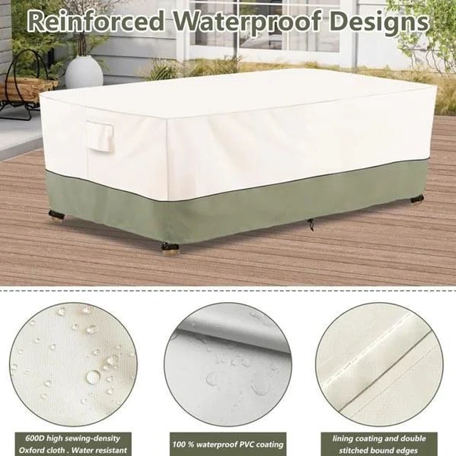 Alt view image 5 of 7 - Beige & Green Twoone Outdoor Rectangular Furniture Cover, Waterproof Oxford Fabric Patio Coffee Table Bench Protector with Drawstring