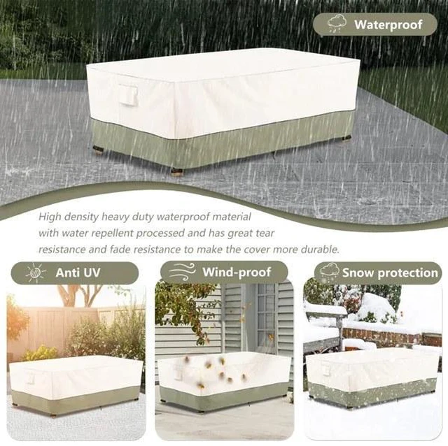 Alt view image 4 of 7 - Beige & Green Twoone Outdoor Rectangular Furniture Cover, Waterproof Oxford Fabric Patio Coffee Table Bench Protector with Drawstring