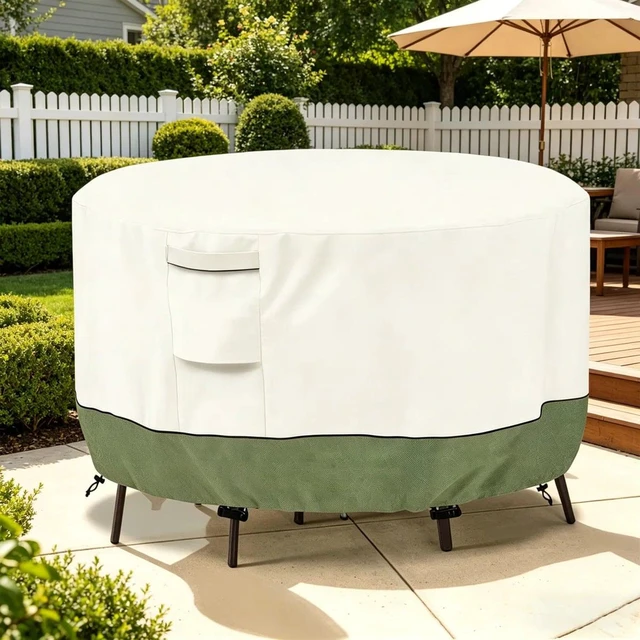Alt view image 2 of 7 - Beige & Green Twoone Outdoor Round Table Cover, Waterproof Oxford Fabric Patio Round Table Protector with Drawstring and Buckle Straps