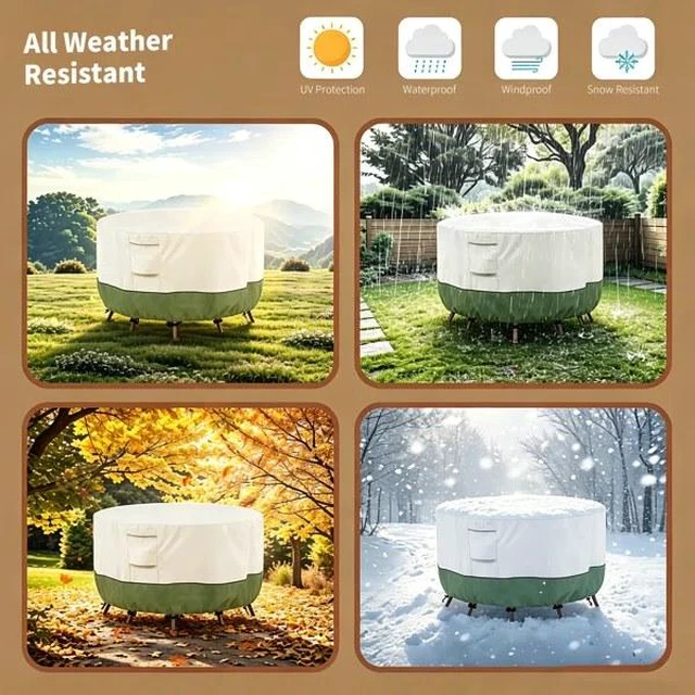 Alt view image 4 of 7 - Beige & Green Twoone Outdoor Round Table Cover, Waterproof Oxford Fabric Patio Round Table Protector with Drawstring and Buckle Straps
