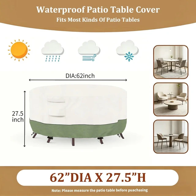 Alt view image 3 of 7 - Beige & Green Twoone Outdoor Round Table Cover, Waterproof Oxford Fabric Patio Round Table Protector with Drawstring and Buckle Straps