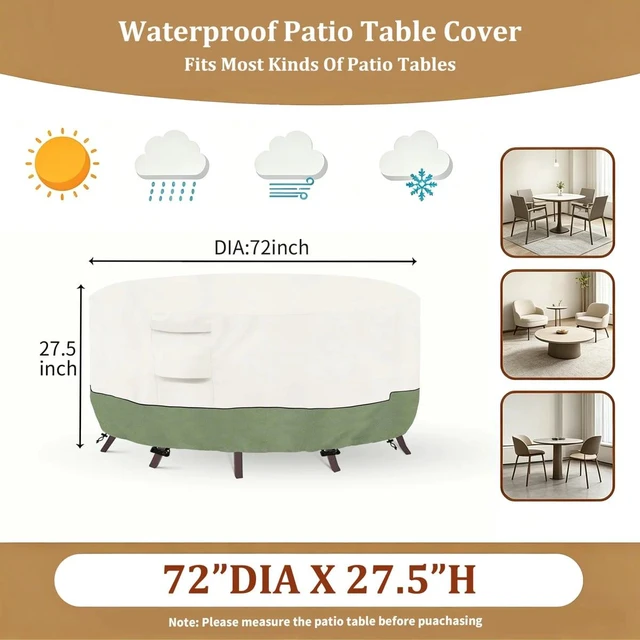 Alt view image 3 of 7 - Beige & Green Twoone Outdoor Round Table Cover, Waterproof Oxford Fabric Patio Round Table Protector with Drawstring and Buckle Straps