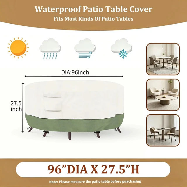 Alt view image 3 of 7 - Beige & Green Twoone Outdoor Round Table Cover, Waterproof Oxford Fabric Patio Round Table Protector with Drawstring and Buckle Straps