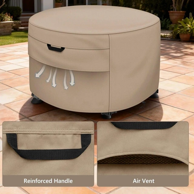 Alt view image 4 of 7 - Khaki Round Fire Pit Cover, HeavyDuty Waterproof Oxford Fabric Outdoor Fire Pit Protector with Handles and Drawstring