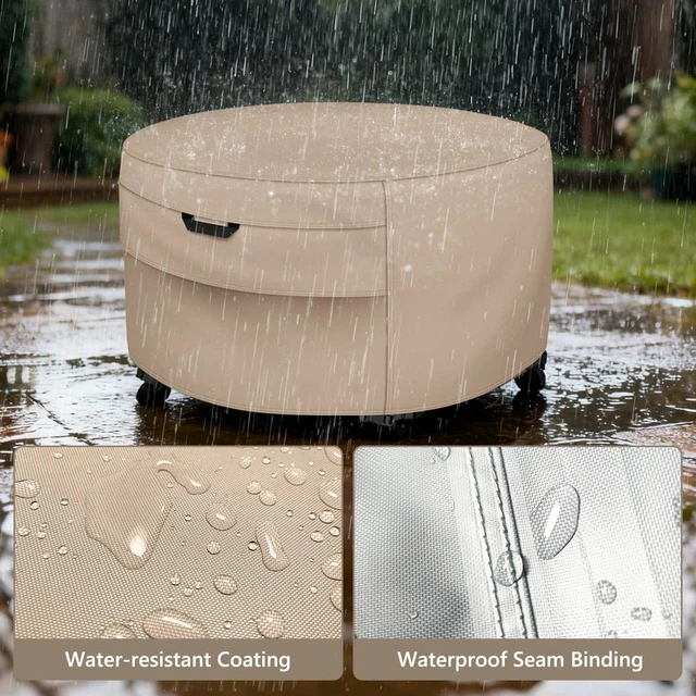 Alt view image 5 of 7 - Khaki Round Fire Pit Cover, HeavyDuty Waterproof Oxford Fabric Outdoor Fire Pit Protector with Handles and Drawstring