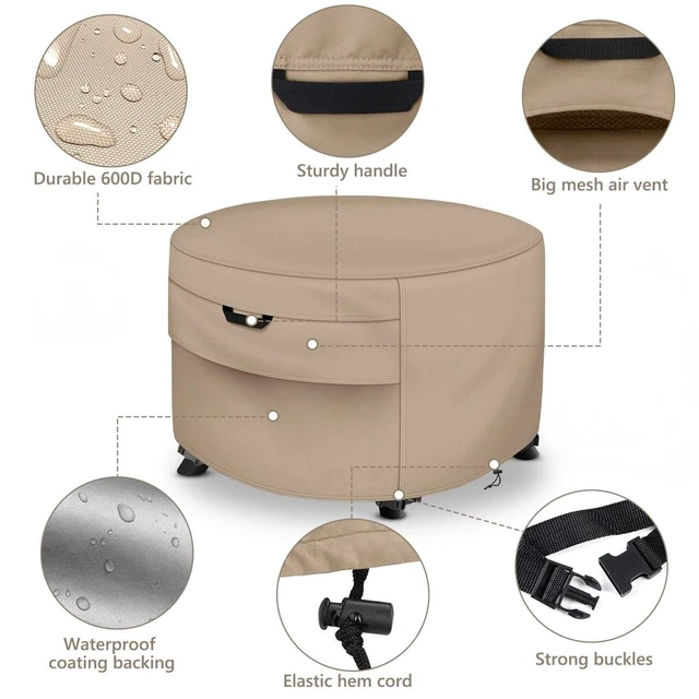 Alt view image 6 of 7 - Khaki Round Fire Pit Cover, HeavyDuty Waterproof Oxford Fabric Outdoor Fire Pit Protector with Handles and Drawstring