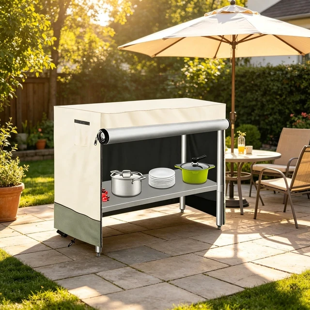Alt view image 6 of 6 - Beige & Lime Green Pre Table Cover, 36''L×24''W×35''HWeatherproof Outdoor Patio Pre Table Protector with Side Handles, Front Dual Zippers, Corner Buckles, Black Edge Binding