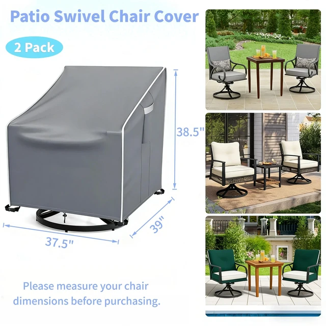 Alt view image 2 of 5 - 2 Pack Grey Outdoor Swivel Chair Cover, HeavyDuty Oxford Fabric Patio Rotating Armchair Protector with White Edge Trim