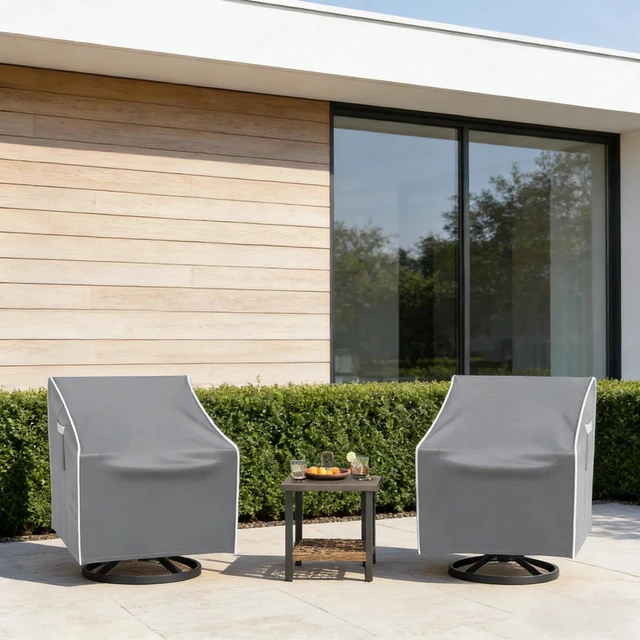 Alt view image 5 of 5 - 2 Pack Grey Outdoor Swivel Chair Cover, HeavyDuty Oxford Fabric Patio Rotating Armchair Protector with White Edge Trim
