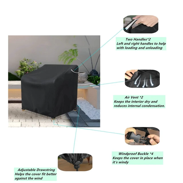 Alt view image 3 of 5 - Black Outdoor Single Chair Cover, HeavyDuty Waterproof Oxford Fabric Patio Armchair Protector with Reflective Strip and Buckle Straps