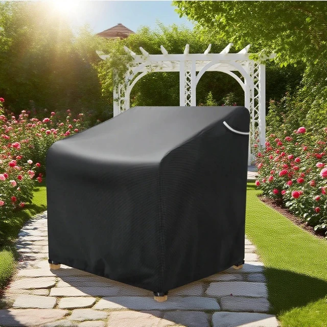 Alt view image 4 of 5 - Black Outdoor Single Chair Cover, HeavyDuty Waterproof Oxford Fabric Patio Armchair Protector with Reflective Strip and Buckle Straps