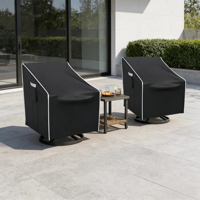 Alt view image 3 of 5 - 2 Pack Black Outdoor Swivel Chair Cover, HeavyDuty Oxford Fabric Patio Rotating Armchair Protector with White Edge Trim