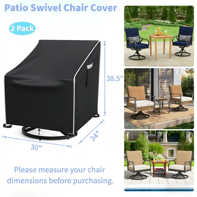 Alt view image 2 of 5 - 2 Pack Black Outdoor Swivel Chair Cover, HeavyDuty Oxford Fabric Patio Rotating Armchair Protector with White Edge Trim