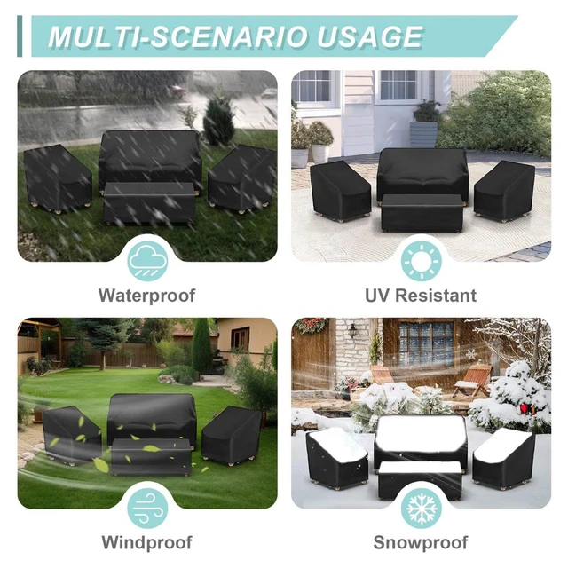 Alt view image 3 of 5 - 4Piece Black Outdoor Furniture Cover Set, HeavyDuty Oxford Fabric Patio Sofa Chair Table Protector for 4Seat Conversation Set