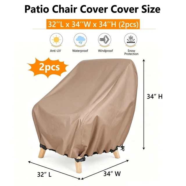 Alt view image 2 of 6 - 2 Pack Khaki Outdoor Chair Cover, HeavyDuty Oxford Fabric Patio Single Armchair Protector with Drawstring & Buckle