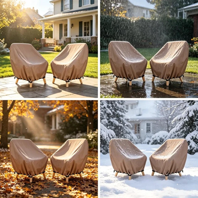 Alt view image 3 of 6 - 2 Pack Khaki Outdoor Chair Cover, HeavyDuty Oxford Fabric Patio Single Armchair Protector with Drawstring & Buckle