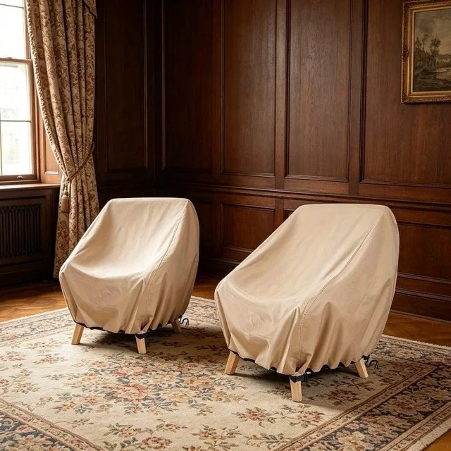 Alt view image 5 of 6 - 2 Pack Khaki Outdoor Chair Cover, HeavyDuty Oxford Fabric Patio Single Armchair Protector with Drawstring & Buckle