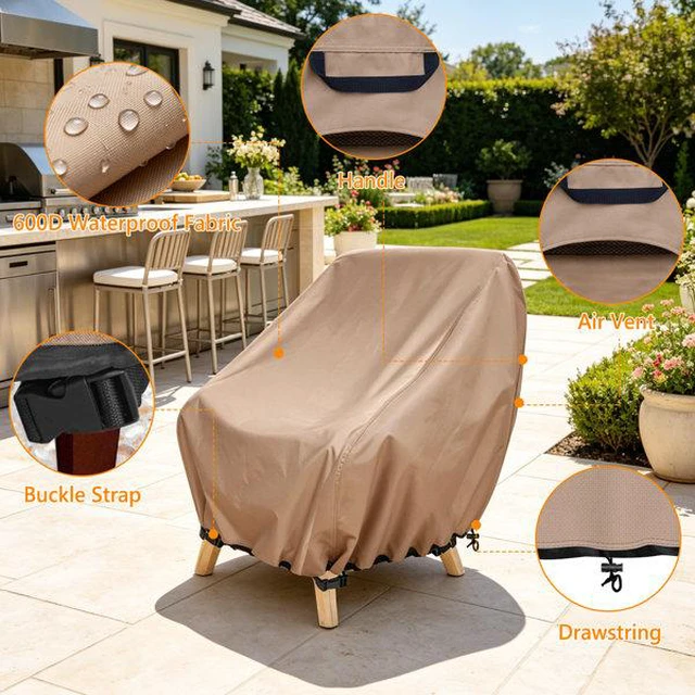 Alt view image 3 of 6 - 2 Pack Khaki Outdoor Chair Cover, HeavyDuty Oxford Fabric Patio Single Armchair Protector with Drawstring & Buckle
