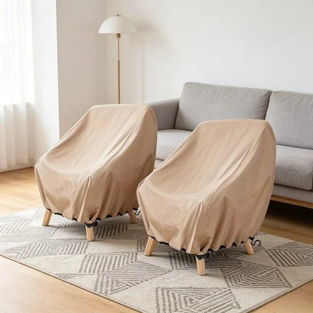 Alt view image 5 of 6 - 2 Pack Khaki Outdoor Chair Cover, HeavyDuty Oxford Fabric Patio Single Armchair Protector with Drawstring & Buckle
