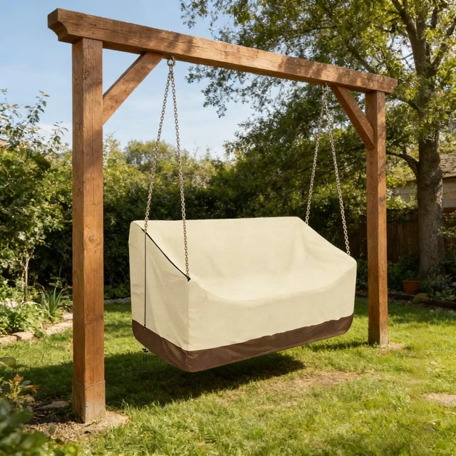 Alt view image 6 of 6 - Beige And Brown TwoTone Patio Swing Cover, HeavyDuty Oxford Fabric Outdoor Hanging Porch Swing Protector with Zipper & Drawstring