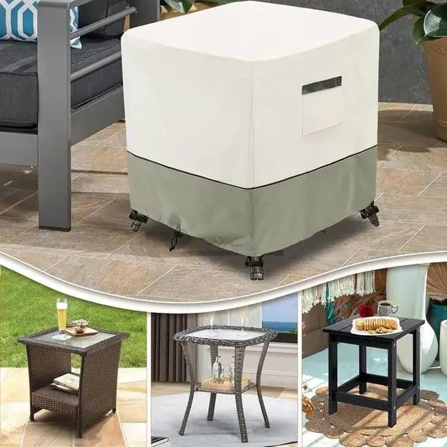 Alt view image 5 of 6 - Beige And Sage Green TwoTone Square Patio Table Cover, HeavyDuty Oxford Fabric Outdoor Square Furniture Protector with Storage Pocket