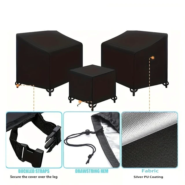 Alt view image 6 of 7 - Black 3Piece Patio Furniture Cover Set, HeavyDuty Oxford Fabric Outdoor 2 Chairs Plus 1 Side Table Waterproof UVResistant Protector