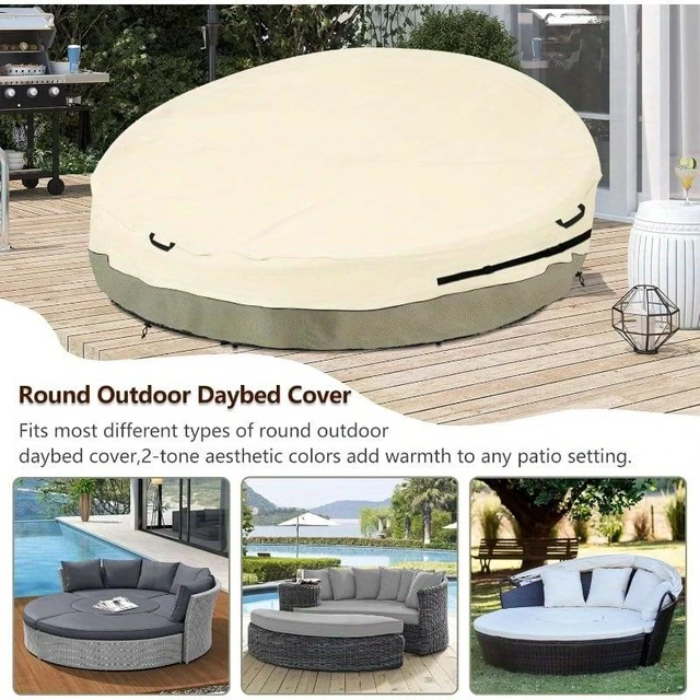 Alt view image 3 of 6 - Beige & Sage Green Round Daybed Cover, HeavyDuty Oxford Fabric Waterproof UVResistant Outdoor Circular Lounge Daybed Protector