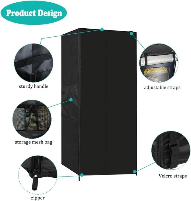Alt view image 3 of 6 - Black Upright Refrigerator Cover, HeavyDuty Oxford Fabric Waterproof UVResistant Outdoor Compact Double Door Fridge Protector with Side Pocket