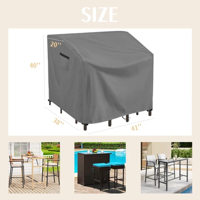 Alt view image 2 of 5 - Grey Outdoor Bar Set Cover, HeavyDuty Oxford Fabric Waterproof UVResistant Patio High Top Bar Table Chair Protector with Storage Pocket