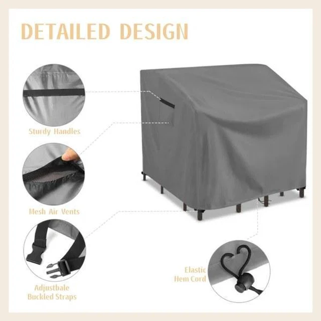 Alt view image 3 of 5 - Grey Outdoor Bar Set Cover, HeavyDuty Oxford Fabric Waterproof UVResistant Patio High Top Bar Table Chair Protector with Storage Pocket