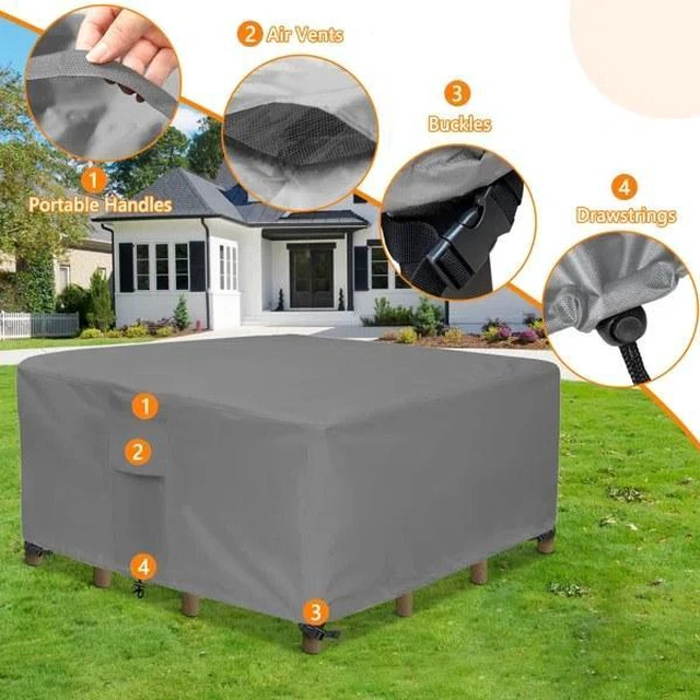 Alt view image 4 of 5 - Grey Square Patio Furniture Set Cover, HeavyDuty Oxford Fabric Waterproof UVResistant Outdoor Square Sofa Table Chair Protector with Storage Pocket