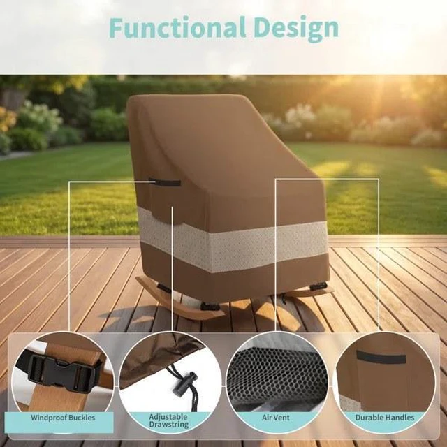 Alt view image 6 of 7 - Brown TwoTone Outdoor Rocking Chair Cover, Silver Coated Inner with Coffee NonWoven Layer Waterproof UVResistant Patio Rocker Protector with Side Storage Pocket
