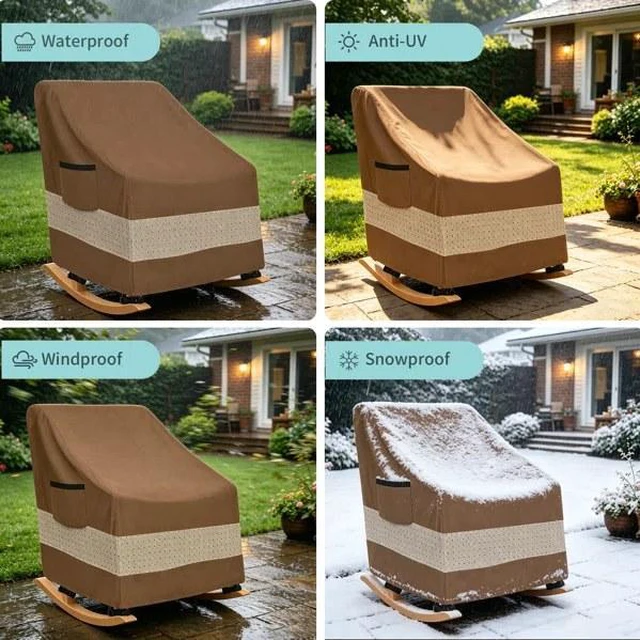 Alt view image 4 of 7 - Brown TwoTone Outdoor Rocking Chair Cover, Silver Coated Inner with Coffee NonWoven Layer Waterproof UVResistant Patio Rocker Protector with Side Storage Pocket