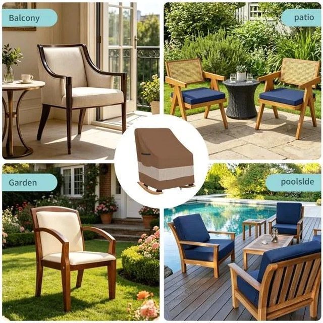 Alt view image 5 of 7 - Brown TwoTone Outdoor Rocking Chair Cover, Silver Coated Inner with Coffee NonWoven Layer Waterproof UVResistant Patio Rocker Protector with Side Storage Pocket