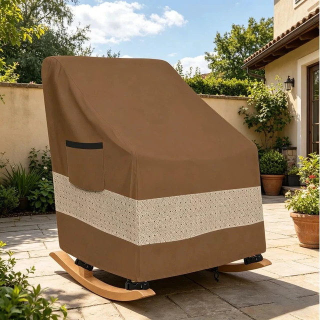 Alt view image 7 of 7 - Brown TwoTone Outdoor Rocking Chair Cover, Silver Coated Inner with Coffee NonWoven Layer Waterproof UVResistant Patio Rocker Protector with Side Storage Pocket