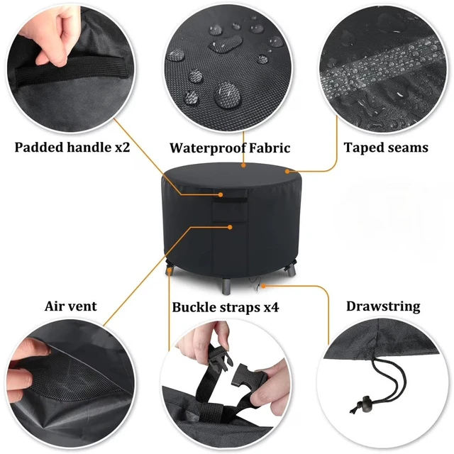 Alt view image 4 of 6 - Black Round Fire Pit Cover, HeavyDuty Oxford Fabric Waterproof UVResistant Outdoor Round Fire Pit Protector with Storage Pocket