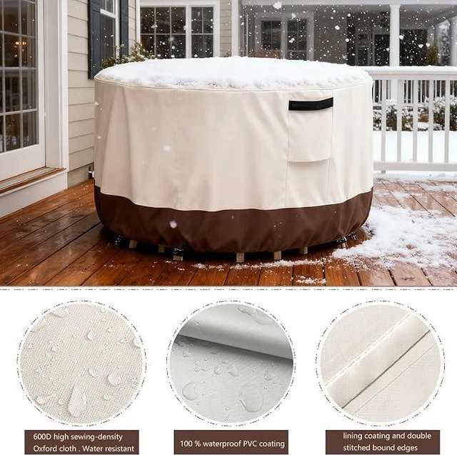 Alt view image 3 of 6 - Beige & Brown Round Patio Table Cover, HeavyDuty Oxford Fabric Waterproof UVResistant Outdoor Round Table Protector with Storage Pocket