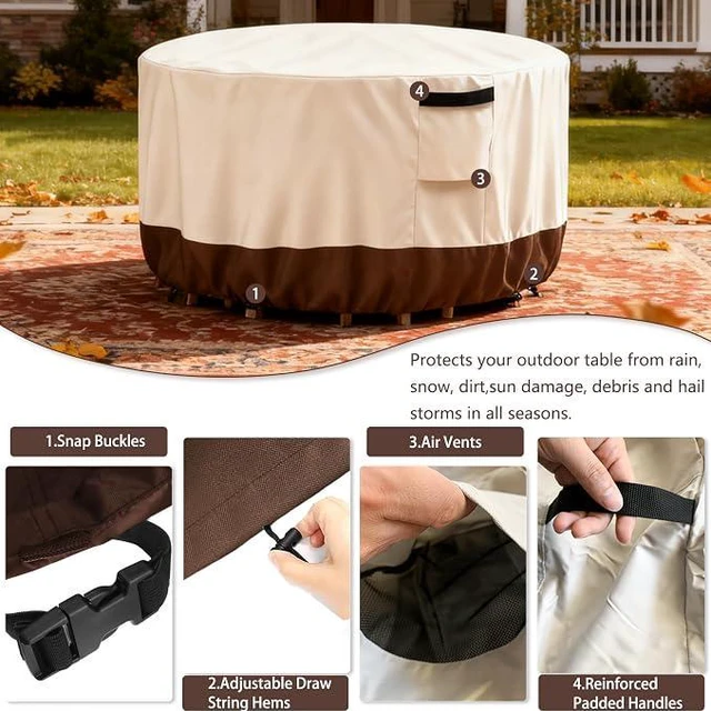 Alt view image 4 of 6 - Beige & Brown Round Patio Table Cover, HeavyDuty Oxford Fabric Waterproof UVResistant Outdoor Round Table Protector with Storage Pocket