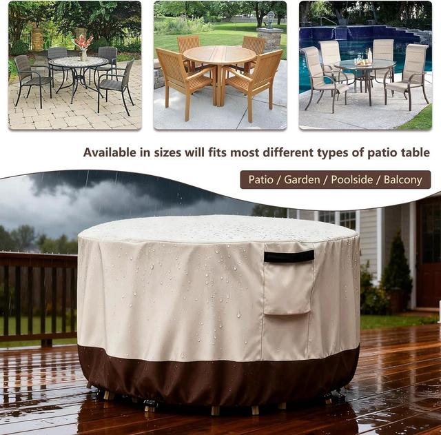 Alt view image 5 of 6 - Beige & Brown Round Patio Table Cover, HeavyDuty Oxford Fabric Waterproof UVResistant Outdoor Round Table Protector with Storage Pocket