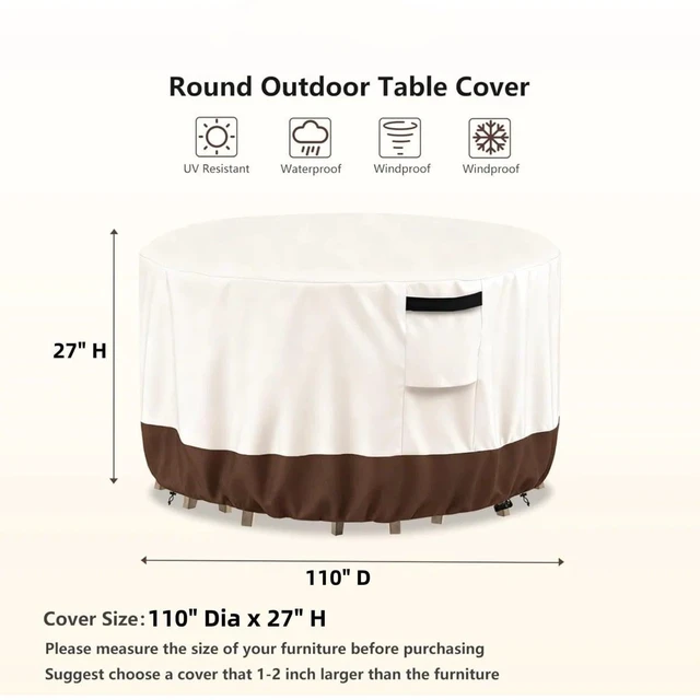 Alt view image 2 of 6 - Beige & Brown Round Patio Table Cover, HeavyDuty Oxford Fabric Waterproof UVResistant Outdoor Round Table Protector with Storage Pocket