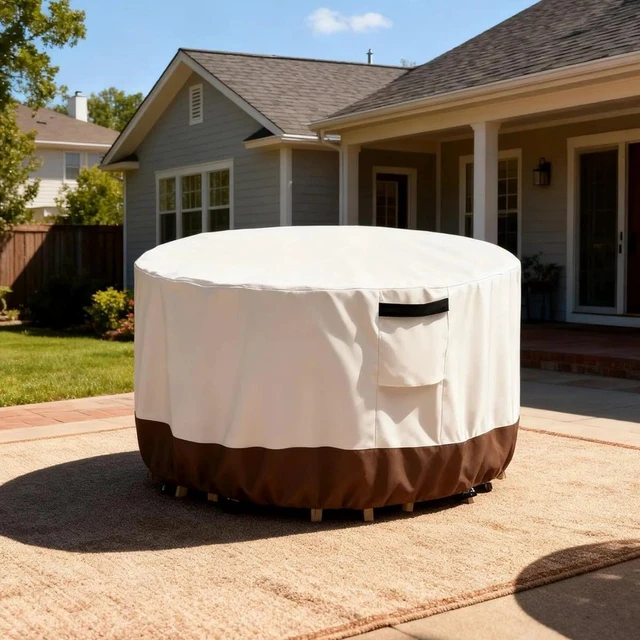 Alt view image 6 of 6 - Beige & Brown Round Patio Table Cover, HeavyDuty Oxford Fabric Waterproof UVResistant Outdoor Round Table Protector with Storage Pocket
