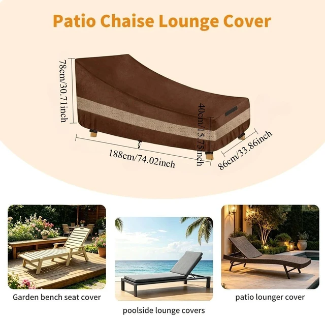 Alt view image 2 of 6 - Brown TwoTone Outdoor Chaise Lounge Cover, SilverCoated Backing with Coffee NonWoven Trim Waterproof UVResistant Patio Lounge Protector with Carry Handle