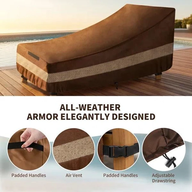 Alt view image 3 of 5 - Brown TwoTone Outdoor Chaise Lounge Cover, SilverCoated Backing with Coffee NonWoven Trim Waterproof UVResistant Patio Lounge Protector with Carry Handle