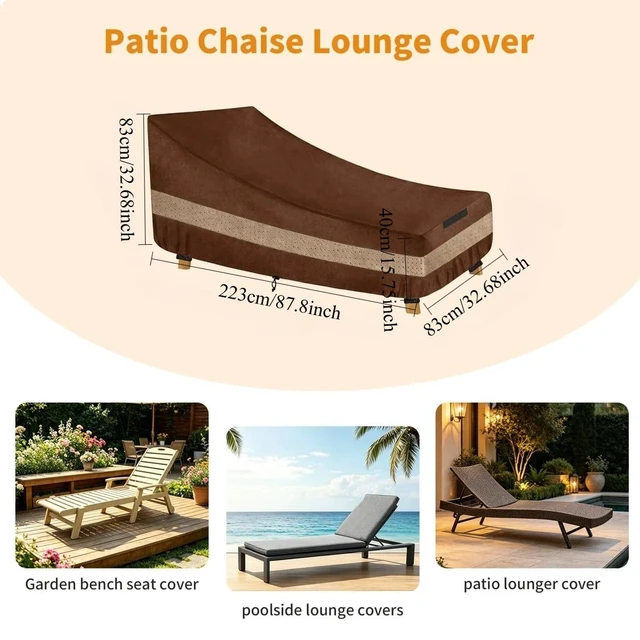 Alt view image 2 of 5 - Brown TwoTone Outdoor Chaise Lounge Cover, SilverCoated Backing with Coffee NonWoven Trim Waterproof UVResistant Patio Lounge Protector with Carry Handle