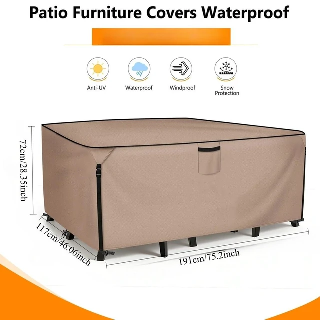 Alt view image 2 of 5 - Khaki Rectangle Patio Furniture Set Cover, HeavyDuty Oxford Fabric Waterproof UVResistant Outdoor Rectangular Sofa Table Chair Protector with Storage Pocket
